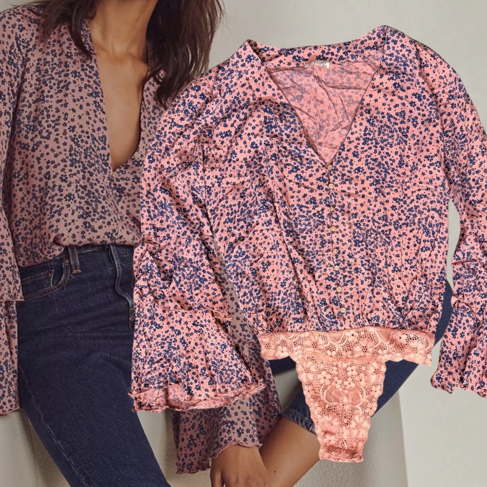 Free People Bodysuit Ditsy Floral Bell Sleeve Pink Small